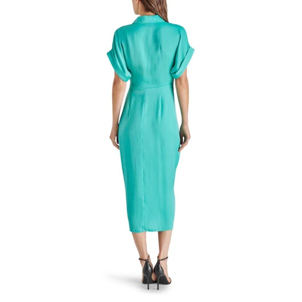 Steve Madden Midi Dress Women Size 2 Teal Tie Waist Draped Satin Shirt Dress - Picture 2 of 5